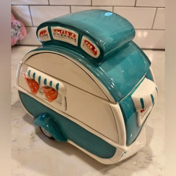 Blue Sky Clayworks Ceramic Retro Camper Cookie Jar Turquoise 16345 Whimsical - Picture 2 of 8